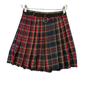 Current Mood Dolls Kill Size Small Red Plaid Pleated Mini Skirt D-Ring Zip Back
